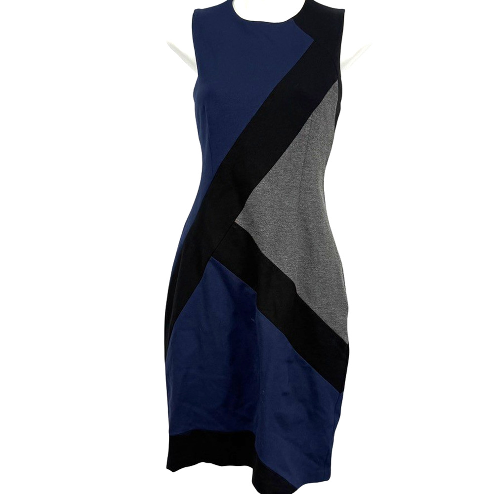 White House Black Market Color Block Ponte Knit Sheath Blue Stretch Dress sz 6